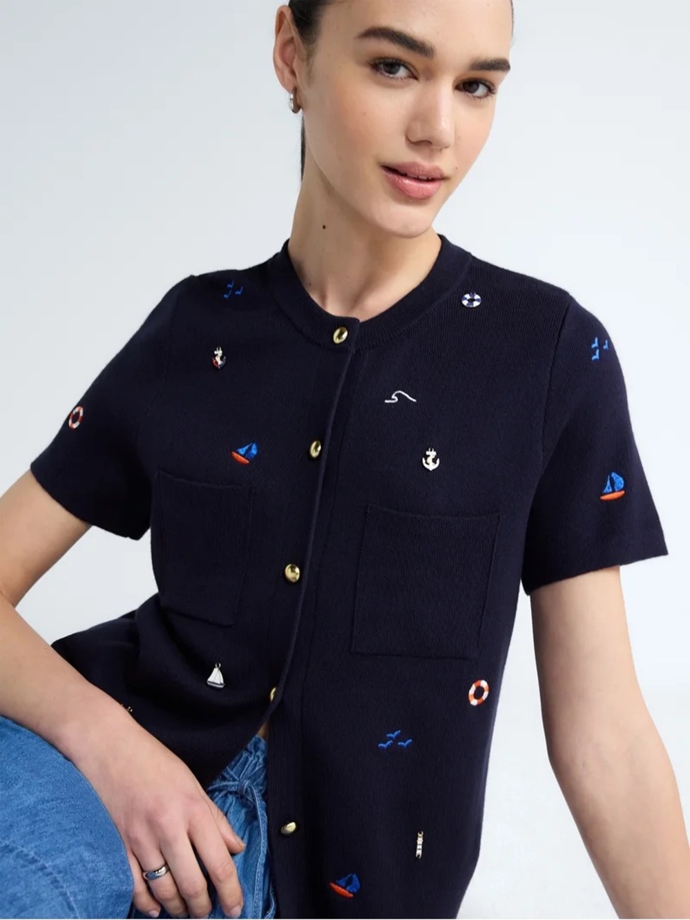 FREE ASSEMBLY SHORT SLEEVE PATCH POCKET NAUTICAL CARDIGAN